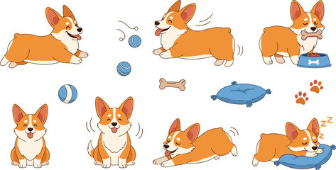 Obraz premium Cute Corgi Dog Cartoon Character Vector Set Featuring Puppy Playing Sleeping Eating and Happy Pet Actions Illustration Collection