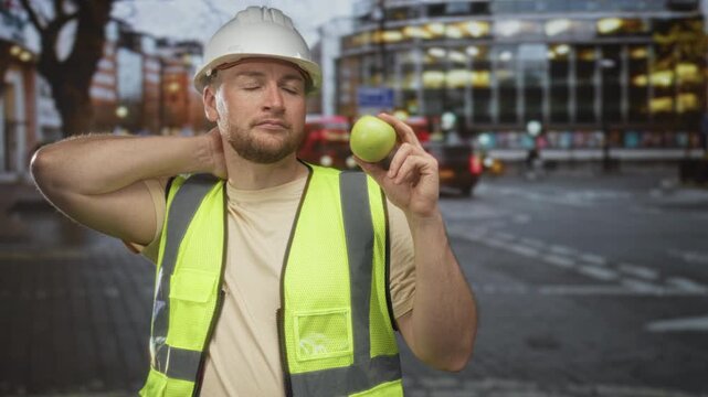 Man engineer in white hardhat and high visibility vest holds green apple with hand on neck on street; brief break fatigue.