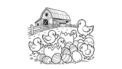 Naklejka premium Chicken illustration with chicks hatching from eggs in a farm yard