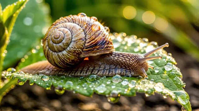 Close-up of a snail with a spiral shell crawling slowly on a dewy green leaf in bright sunshine