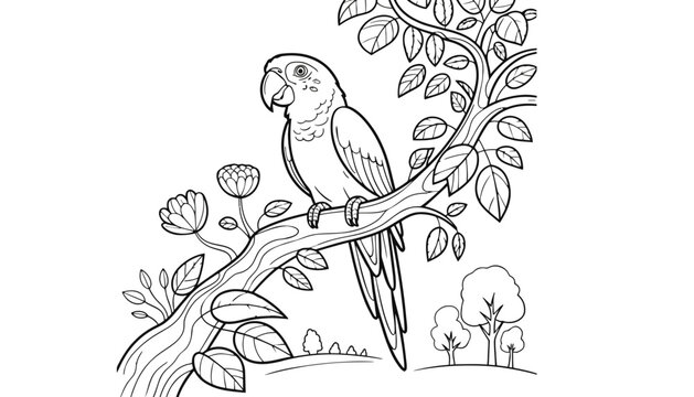 A parrot illustration sitting on a tree branch with flowers and leaves