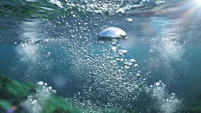 Underwater view of effervescent bubbles rising to the surface of the clear blue water with sun reflection and green plant life