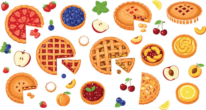 Fruit Pie and Tart Dessert Vector Set Featuring Apple Cherry Berry Pastry Slices and Sweet Bakery Collection Illustration Design