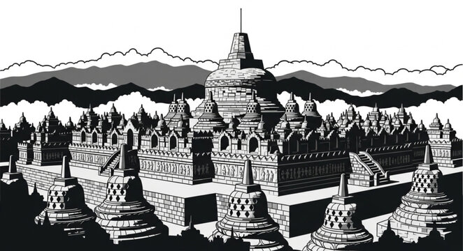 Detailed Black and White Illustration of the Borobudur Temple.