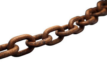 Fototapeta premium Rusty metal chain link showing heavy corrosion, industrial connection, strength, and restriction concept on transparent background