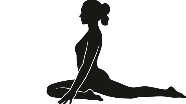 Silhouette of a woman performing the Eka Pada Rajakapotasana yoga pose, the pigeon pose, on a white background, promoting hip opening.