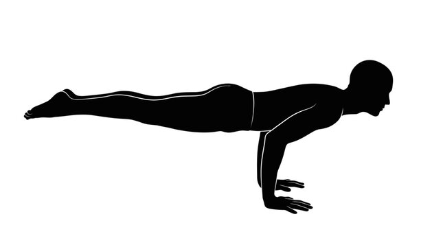 Silhouette of a man performing the peacock yoga pose (Mayurasana), demonstrating extreme upper body strength and balance.