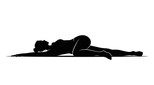 Silhouette of a person performing a supine spinal twist yoga pose, promoting relaxation and flexibility in a minimalist vector illustration.