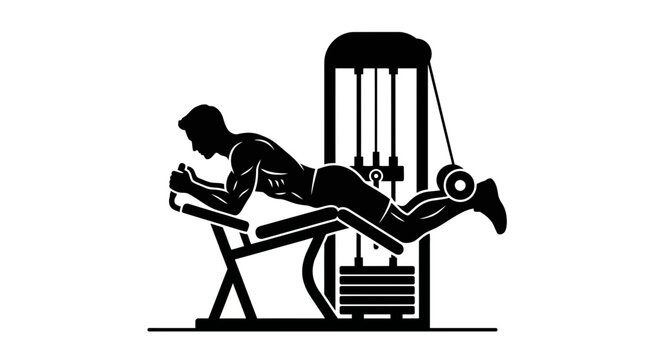 Silhouette of a man performing a hamstring curl exercise on a machine in a gym, targeting posterior leg muscles for strength and toning.