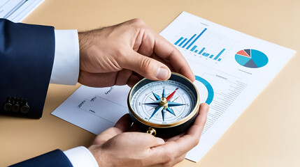 Concept of Strategic orientation in business or marketing. Purpose and direction in business. Compass in the hands of a businessman