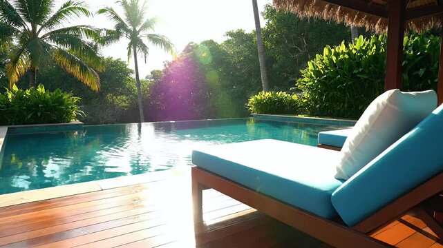 Tropical Resort Lounge Chairs by Pool Sunny Day Palm Trees Lush Greenery