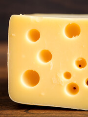 Close-Up View of a Block of Swiss Cheese with Air Holes and Texture