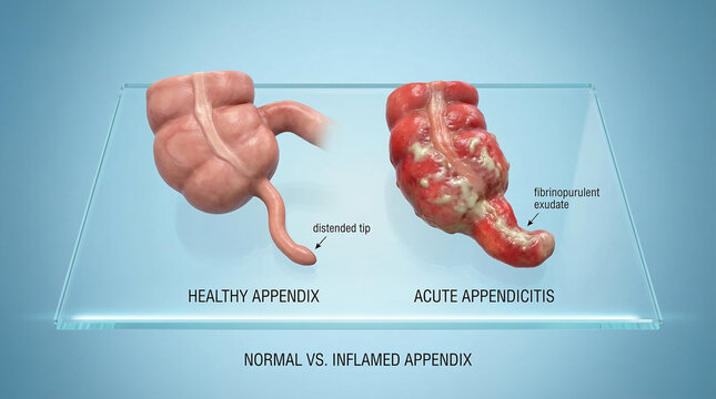 3D Illustration Comparing a Healthy Appendix and Acute Appendicitis with Inflammation