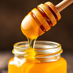 Golden liquid honey flows lusciously from a wooden dipper onto a jar, evoking natural sweetness and purity for healthy eating.
