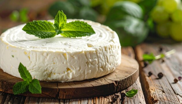A cheese with mint on a wooden board