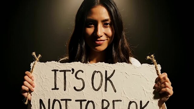 Thoughtful young woman in a dramatic spotlight shares a supportive message 'It's OK Not To Be OK' advocating for youth mental health and emotional well-being relevant for International Youth Day.