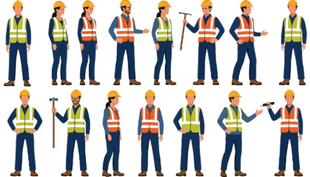Worker illustration set with people wearing safety vests and hard hats