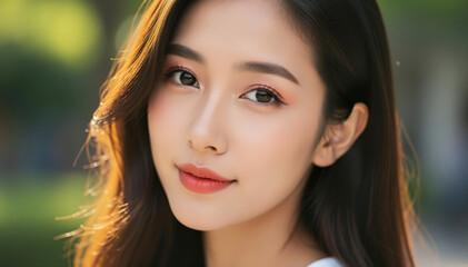 Fototapeta premium Radiant beauty in the sun: A captivating young woman, bathed in the warmth of sunlight, exudes an aura of serenity and natural beauty, with eyes that reflect joy and a smile that lights up the world.