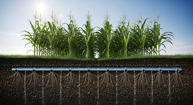 Detailed shot of corn roots at soil line with irrigation system, agricultural science concept