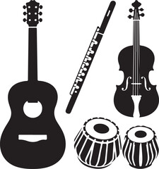 Naklejka premium Minimalist black silhouette collection of musical instruments and accessories