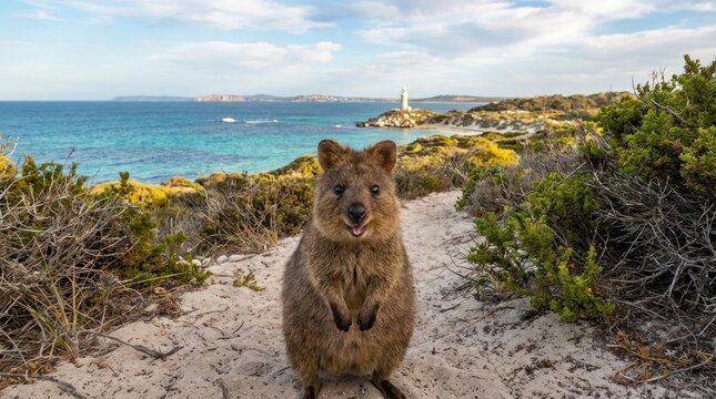 Quokka standing on sandy coastal path.