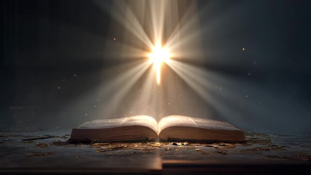 Open book illuminated by bright light rays against a dark background