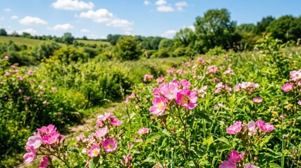 Obraz premium Vibrant pink flowers in green field.