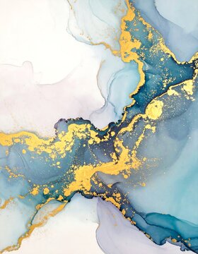A vibrant abstract artwork with swirling blue, gold, and white hues