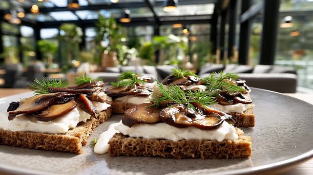 Freshly prepared open sandwiches with mushrooms served in a bright indoor space with plants and soft furnishings around