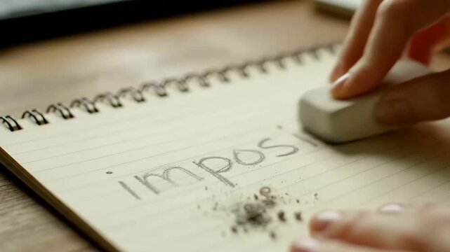 Hand erases 'im' from 'impossible' on notebook, revealing 'possible', symbolizing resilience and positive thinking for Youth Mental Health and International Youth Day.