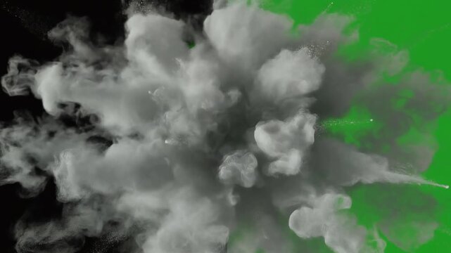 Smoke explosion. White smoke on black and green background. Smoke effect. Dramatic cloud. Vector illustration. Abstract texture. Background element. Design material.