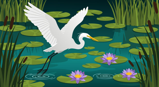 Vector illustration of a white egret in flight over a tranquil pond with blooming water lilies and reeds, a serene natural scene