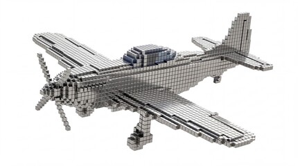 Naklejka premium A detailed, silver Lego model airplane with propellers against a clean white background, showcasing intricate design and construction.