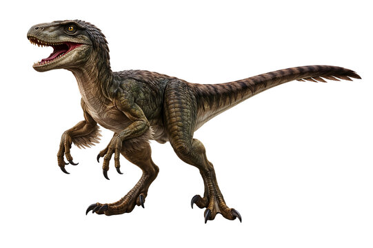 Realistic Velociraptor Dinosaur Full Body Isolated on Transparent Background, Fierce Prehistoric Predator with Open Mouth and Sharp Teeth, Detailed Jurassic Reptile PNG Transparent Background