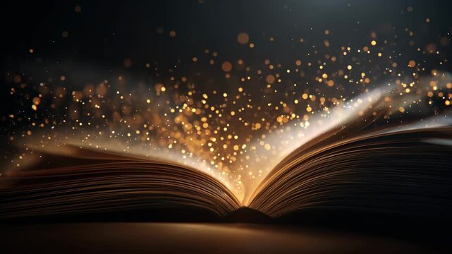 Open book with glowing particles illuminated in darkness conceptual image