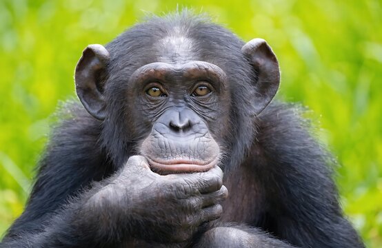 Chimpanzee thinking face with hand on chin in green background high resolution photo