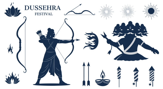 Dussehra Festival Vector Icons: Rama, Ravana, Bow, Arrow, Diyas, Fireworks