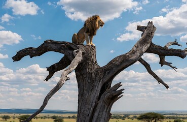 Fototapeta premium Majestic lion sitting on top of a dead tree in savannah high resolution photo