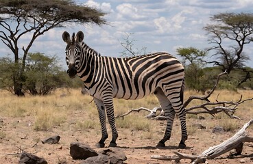 Fototapeta premium Wild Zebra standing alone in savannah landscape with trees high resolution photo