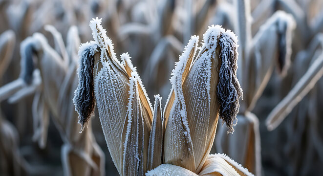 Extreme close-up shot of corn silk emerging from husk in golden hour light