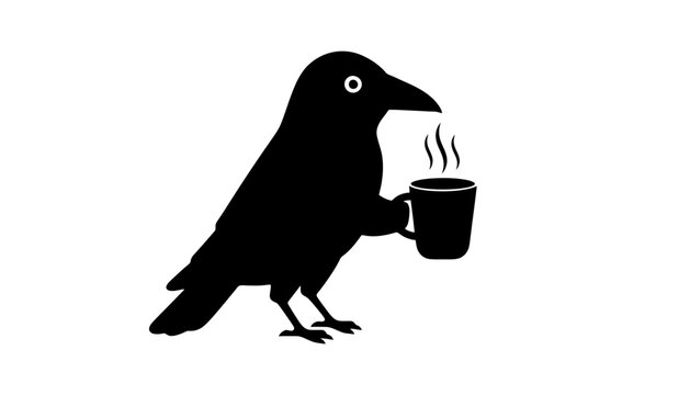A black crow silhouette holding a steaming coffee cup icon