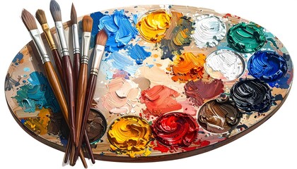 Obraz premium A wooden, oval palette features an array of vibrant paint colors, surrounded by various paintbrushes. Artistic tools are ready for use
