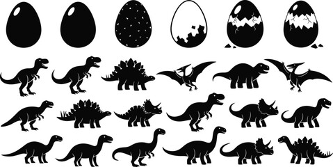 Black Dinosaur Silhouette Icon Set Featuring T-Rex Triceratops Stegosaurus Brachiosaurus and Pterodactyl with Hatching Dino Eggs for Prehistoric Education Graphic Design © Hadiul