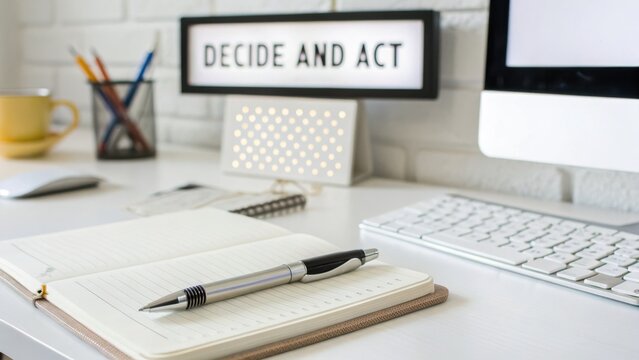 Bright and Modern Workspace with Notebook, Pen, Computer, and Inspirational Sign for Creativity and Productivity Boost