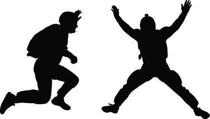 Black silhouette of two skydivers jumping in freefall against white background representing extreme sports adventure freedom adrenaline and outdoor skydiving activities © Hadiul