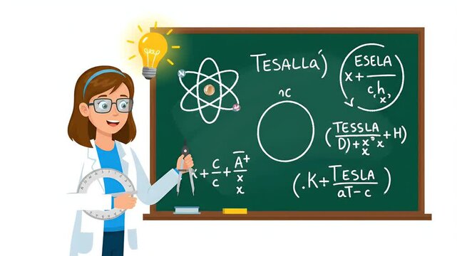 Scientist Woman Explains Physics Formulas On Green Chalkboard With Light Bulb Idea