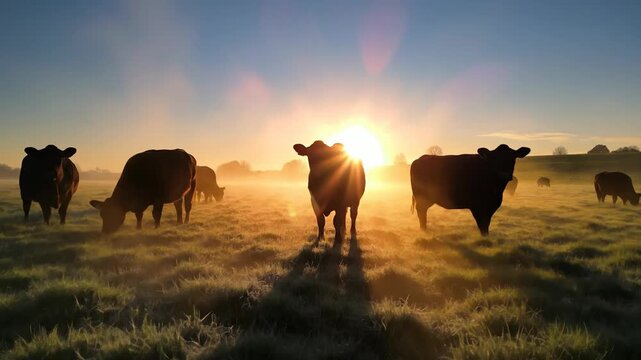 Cows grazing in misty field at sunrise, golden sun rays, agricultural landscape