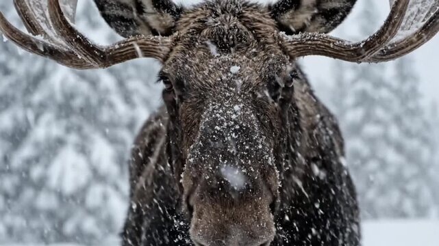 Majestic moose stands in a snowy winter forest watching straight at the viewer breathing heavily through its nose.