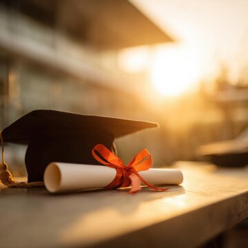 Graduation cap and diploma scroll with red ribbon on a stone surface at sunset for academic achievement and educational marketing banners with soft bokeh background