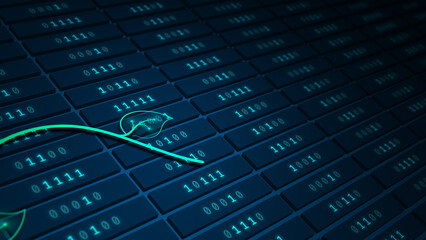 Glowing plant circuit flowing across binary server grid symbolizing sustainable AI illustration